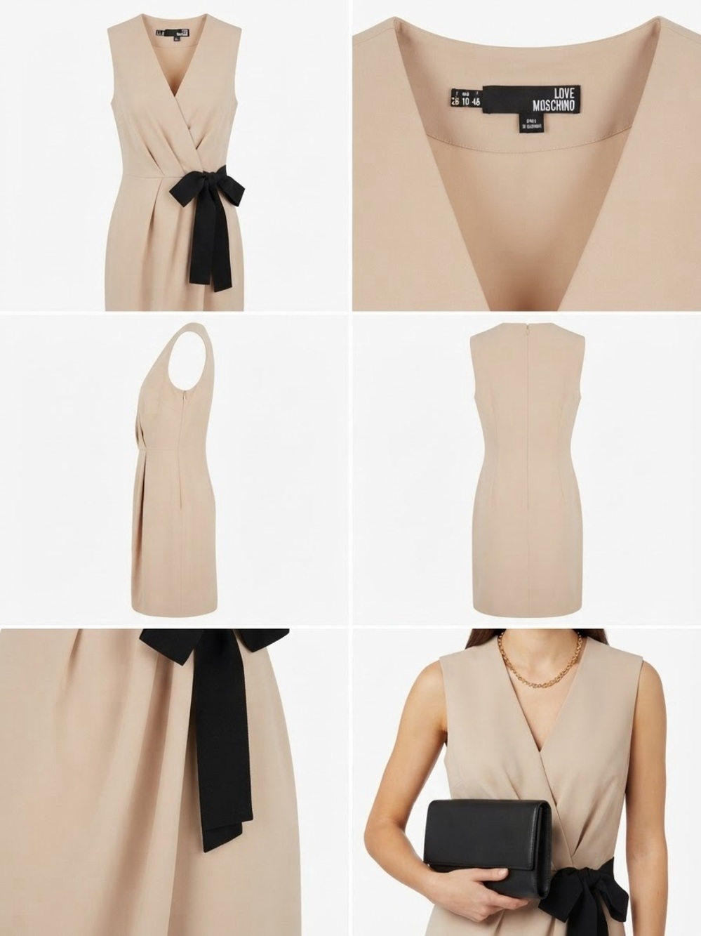 Love Moschino Sleeveless Dress in Beige with Black Bow